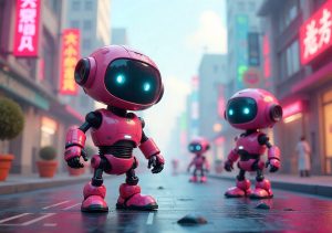 outsourcing animation, robots in a cyberpunk city animation, 3d animation outsourcing service
